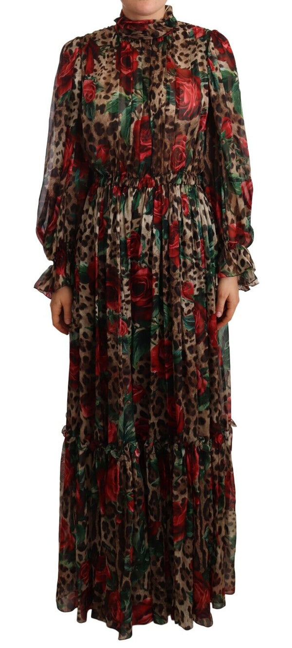 Brown Roses Leopard Long Sleeve Maxi Dress