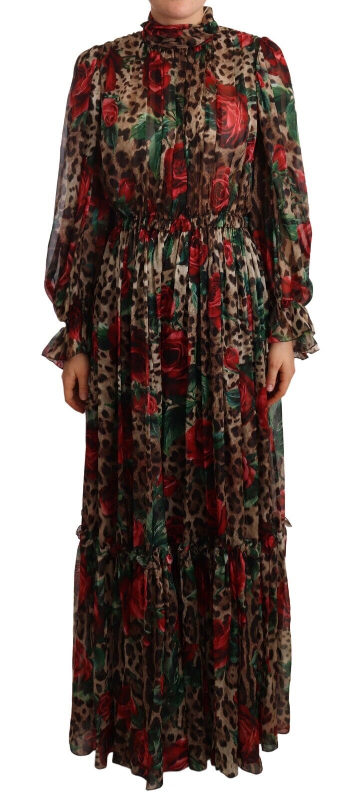 Brown Roses Leopard Long Sleeve Maxi Dress