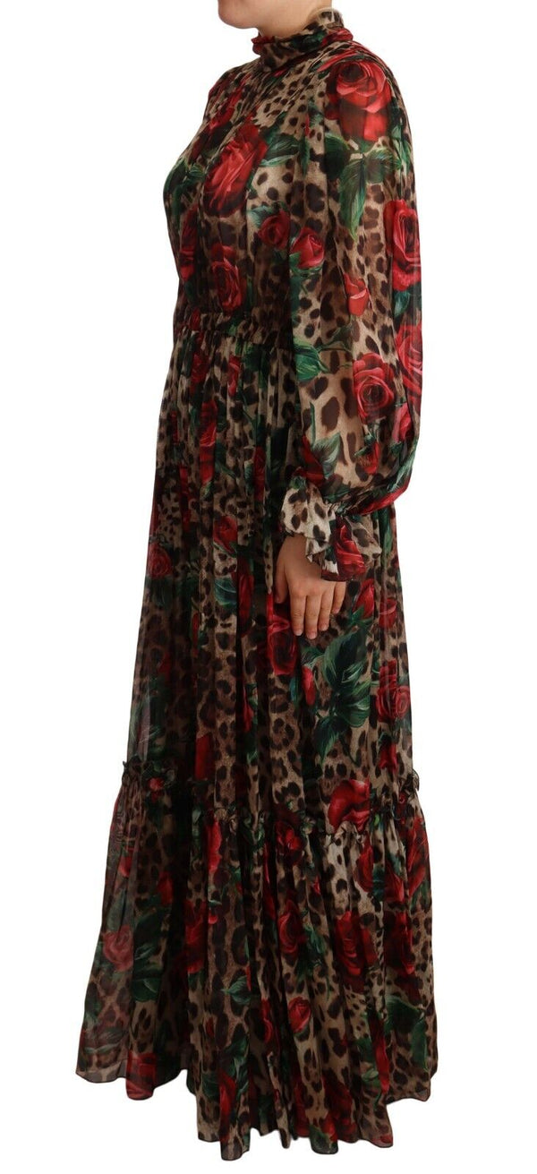 Brown Roses Leopard Long Sleeve Maxi Dress