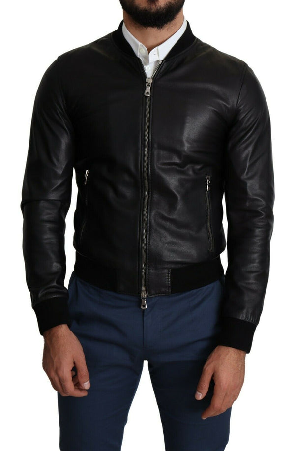 Black 100% Leather Full Zip Men Bomber Jacket