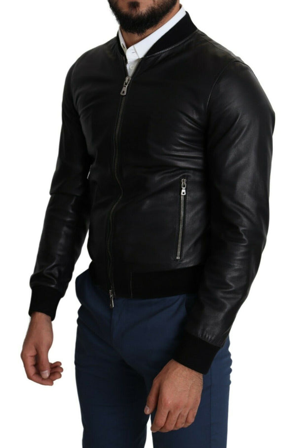 Black 100% Leather Full Zip Men Bomber Jacket