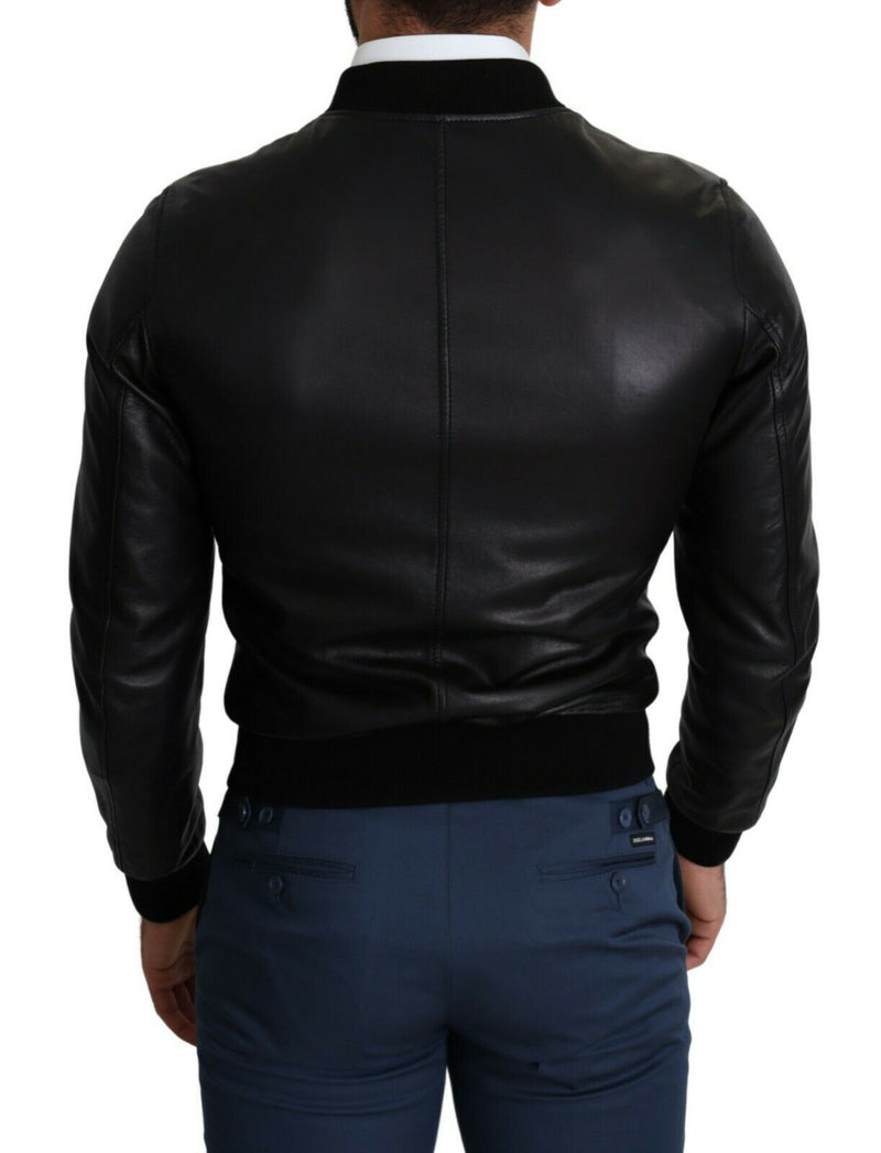 Black 100% Leather Full Zip Men Bomber Jacket