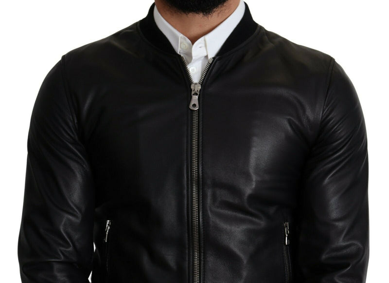 Black 100% Leather Full Zip Men Bomber Jacket