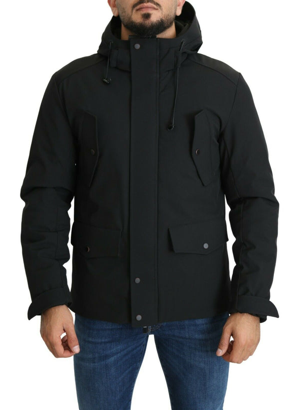 Black Polyester Hooded Windbreaker Coat Jacket
