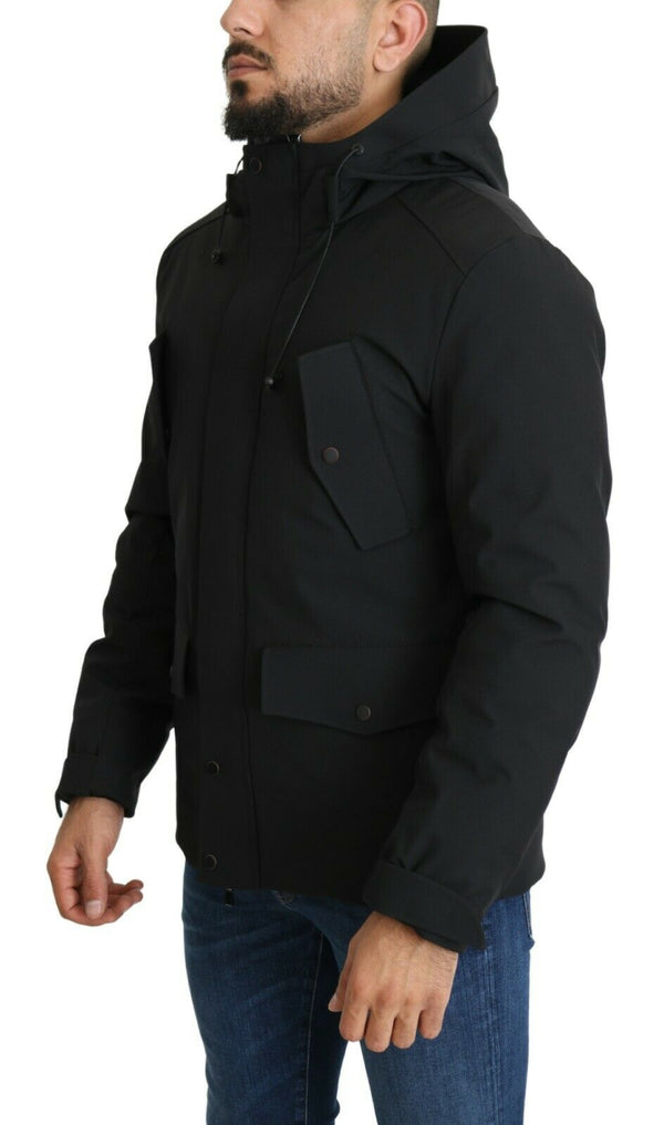 Black Polyester Hooded Windbreaker Coat Jacket