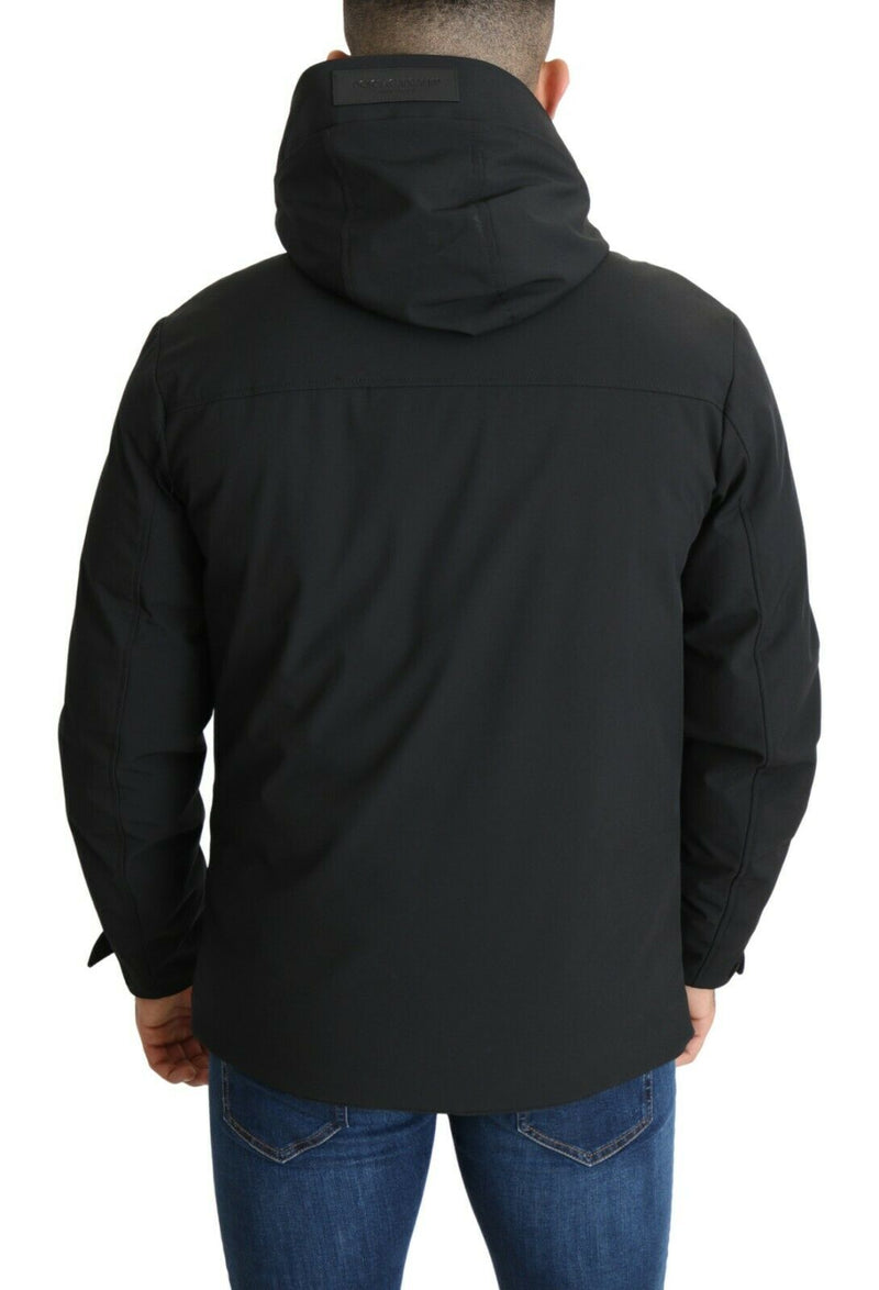 Black Polyester Hooded Windbreaker Coat Jacket