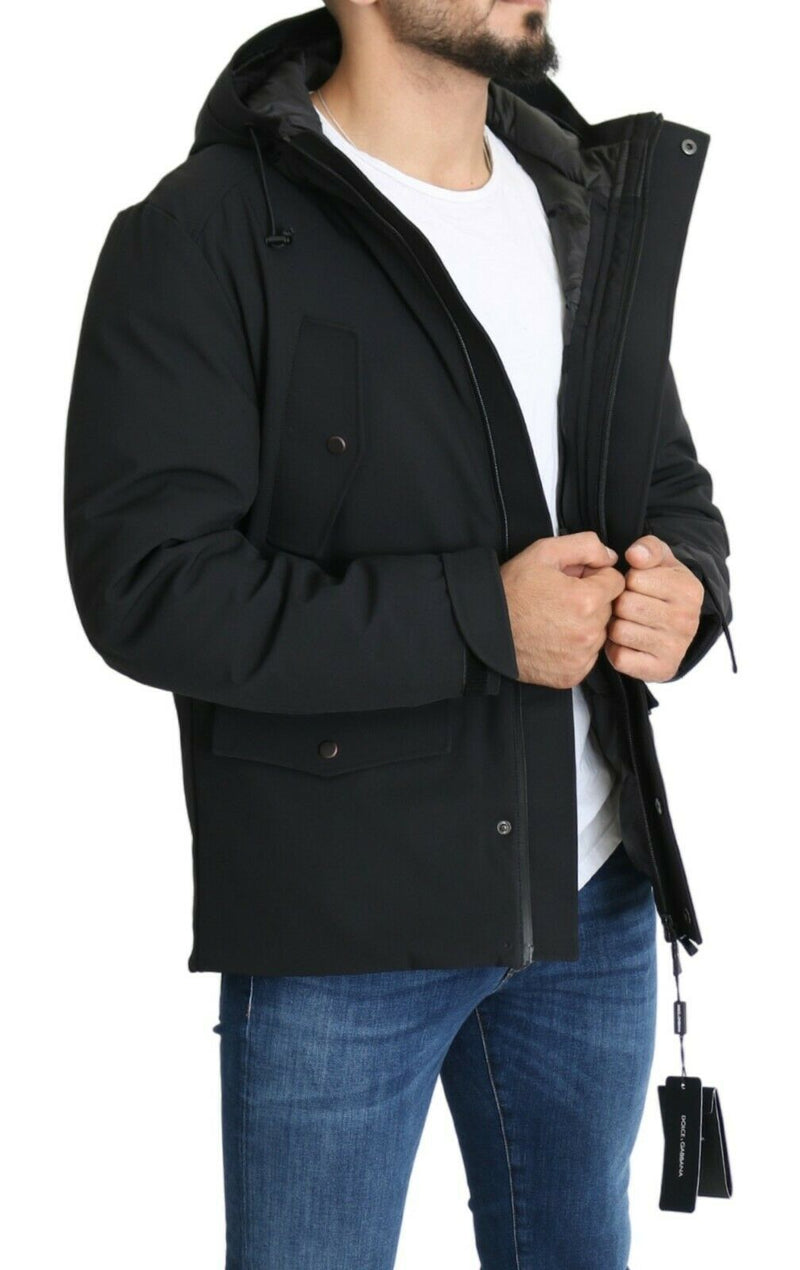 Black Polyester Hooded Windbreaker Coat Jacket