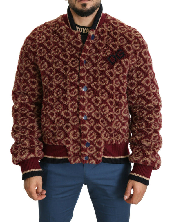 Burgundy Fur DG Logo Print Bomber Jacket