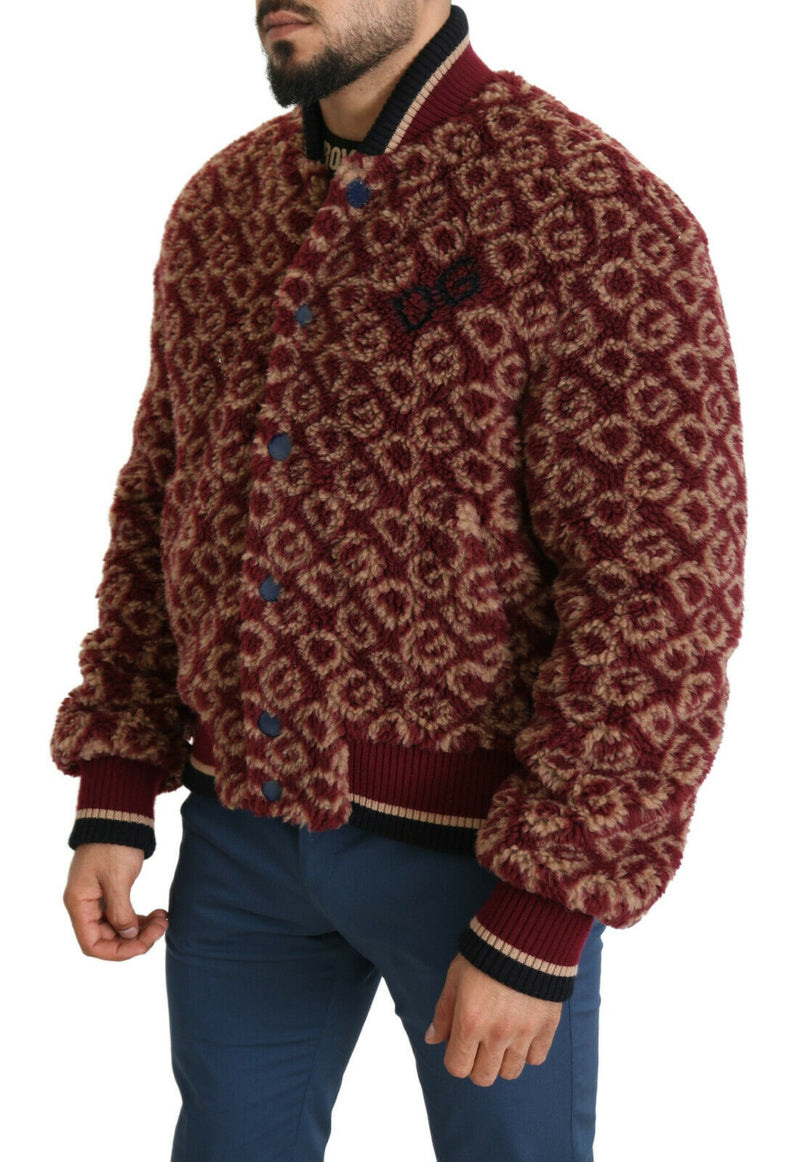Burgundy Fur DG Logo Print Bomber Jacket