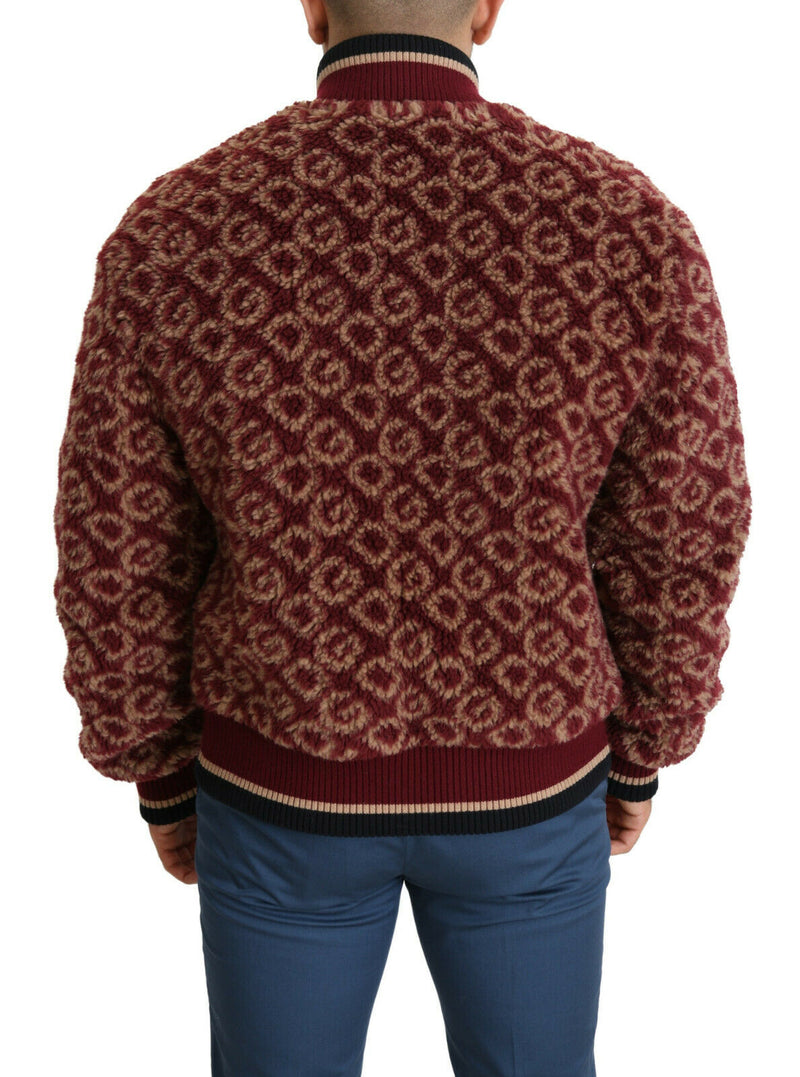 Burgundy Fur DG Logo Print Bomber Jacket