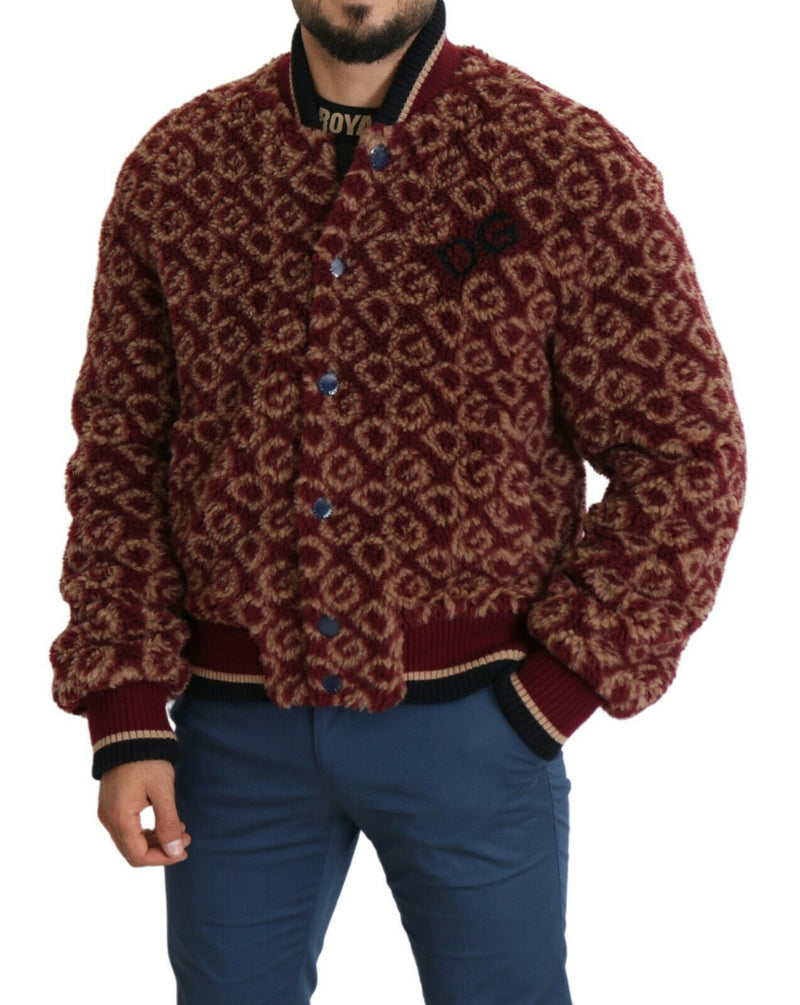 Burgundy Fur DG Logo Print Bomber Jacket