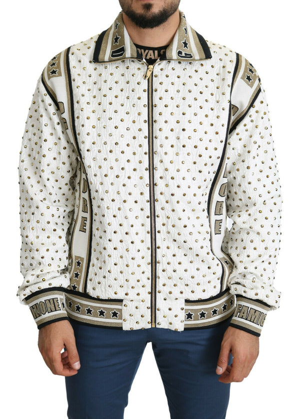 White Gold Brocade Crystal Bomber Jacket