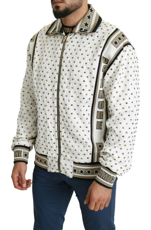 White Gold Brocade Crystal Bomber Jacket