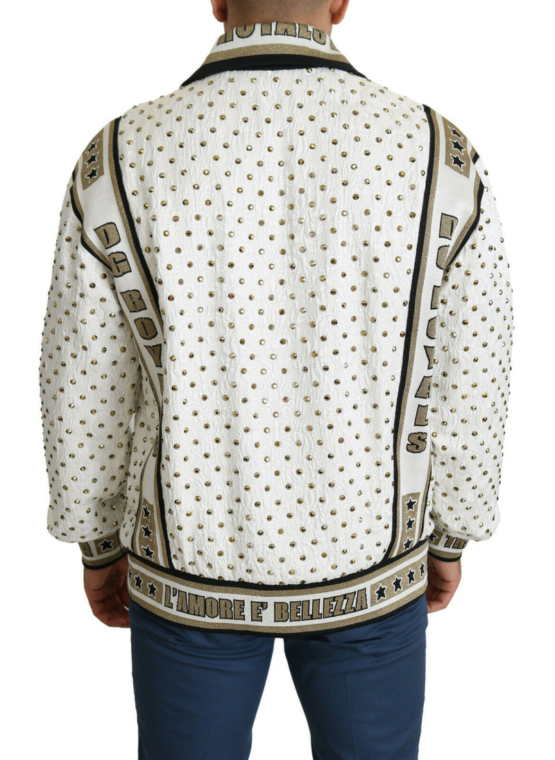 White Gold Brocade Crystal Bomber Jacket