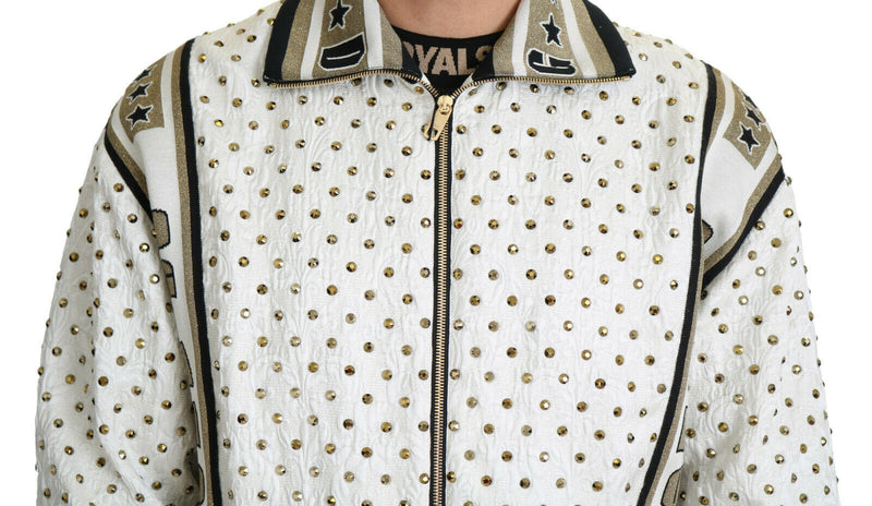 White Gold Brocade Crystal Bomber Jacket