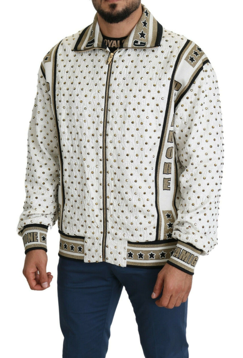 White Gold Brocade Crystal Bomber Jacket