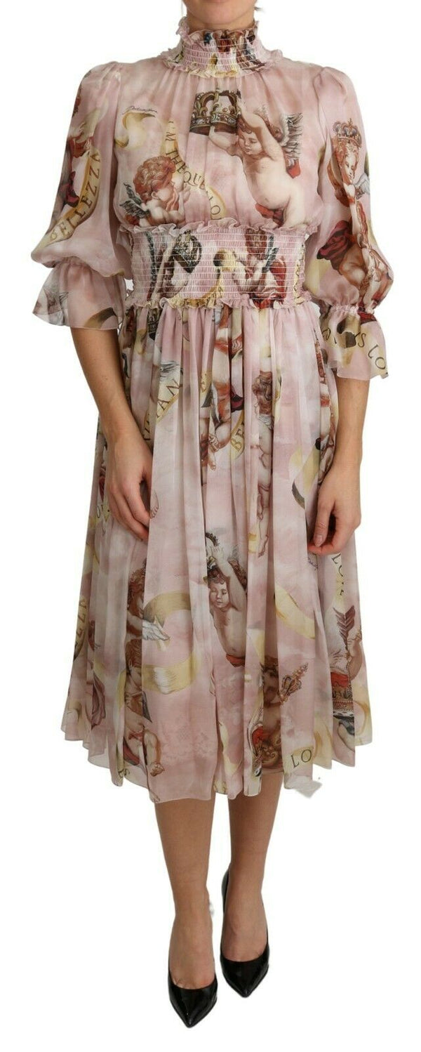 Pink Silk Angel Turtle Neck Midi Dress