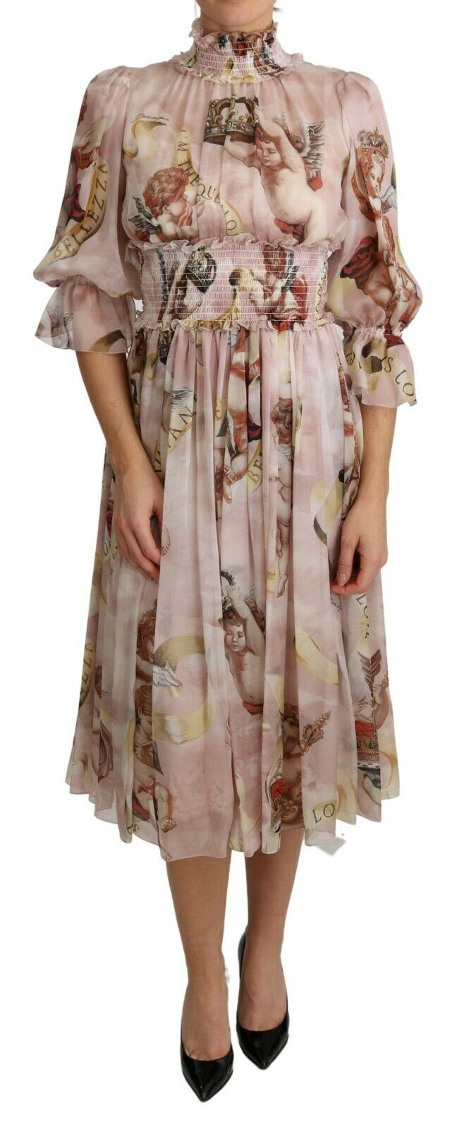 Pink Silk Angel Turtle Neck Midi Dress