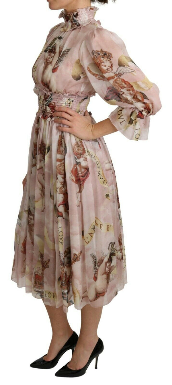 Pink Silk Angel Turtle Neck Midi Dress